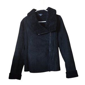 Vince Women's Large Black Merino Shearling Lamb Wool Moto Jacket Shawl Collar